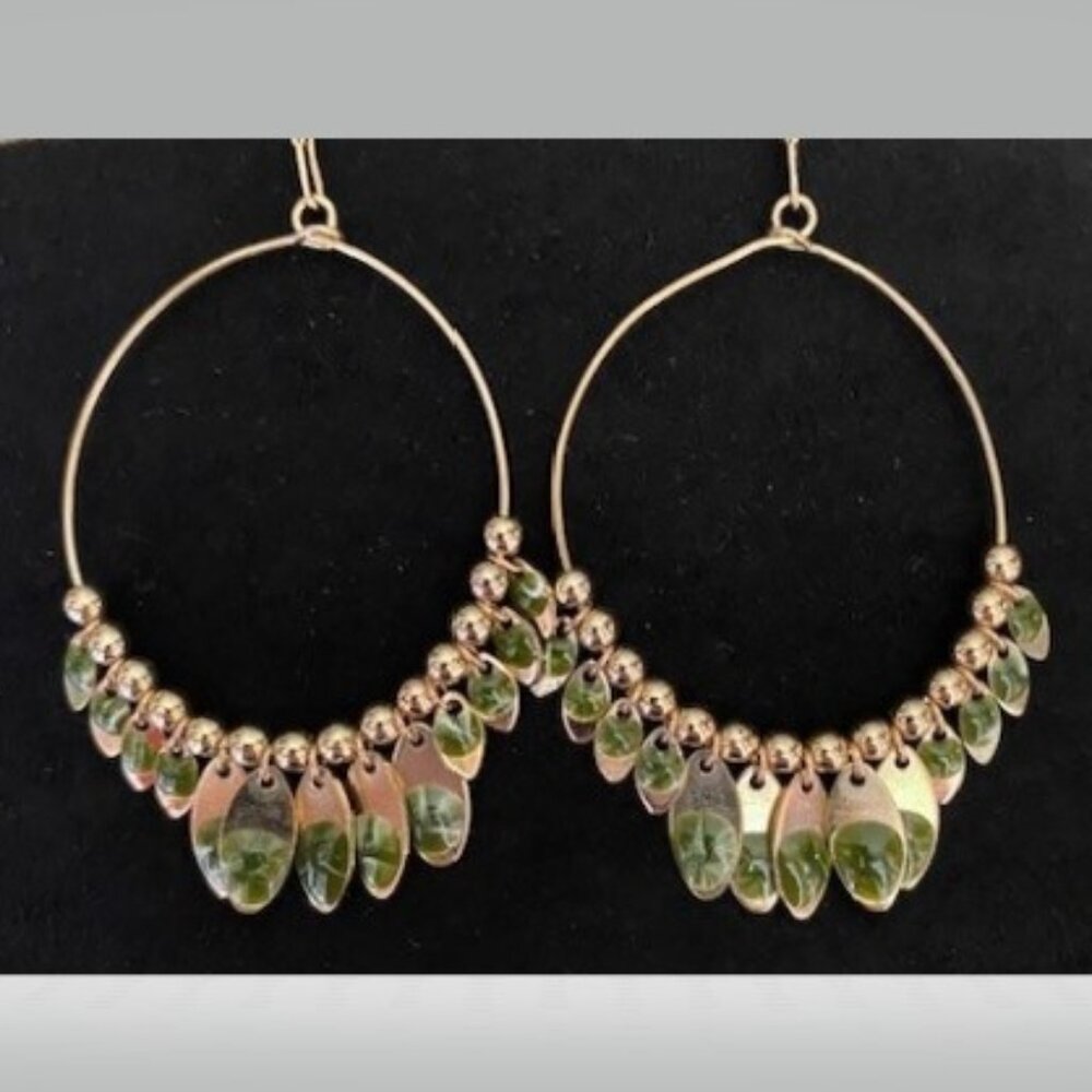 Boho Green-n-Gold Tone Hoop Earrings